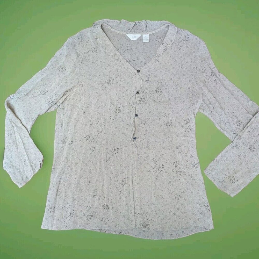 J.Jill Tan Button-Up Top Women's M Rayon Sheer Blouse Floral L/S Fairy Whimsy